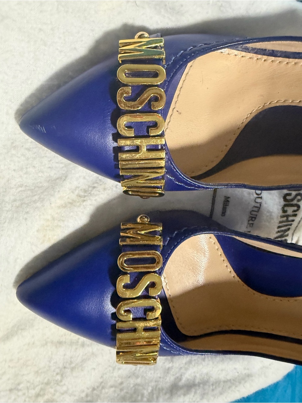 Moschino Cobalt Pointed Toe Pumps with Gold MOSCHINO Logo - Picture 2 of 7